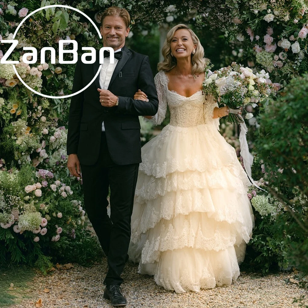 ZanBan Customized Lvory 2027 A Line Square Neck Lace Wedding Dresses Full Sleeve Tiered Illusion Bridal Gowns with Chapel Train
