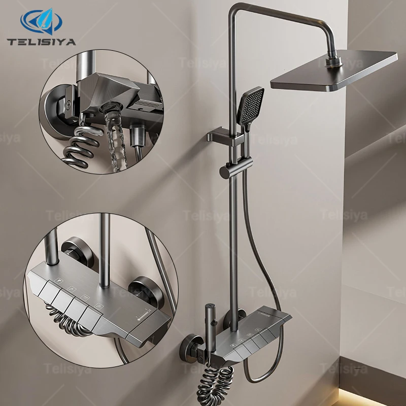 

Gunmetal Gray Piano Keys Shower System Set Restroom Multifunctional Hot and Cold Water Bathroom Pressurize Aluminum Shower Set