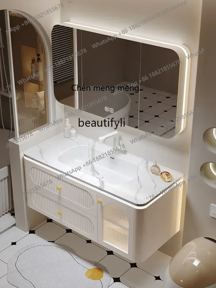 New arrive Modern Light Luxury Solid Wood Paint Bathroom Cabinet Hot Bending Ceramic Whole Washbin Smart Mirror Cabinet
