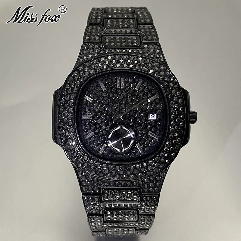 MISSFOX Iced Watch For Mens Fashion Stainless Steel Quartz Clock Man Hip Hop Black Diamond Jewelry Wristwatch Reloj Dropshipping