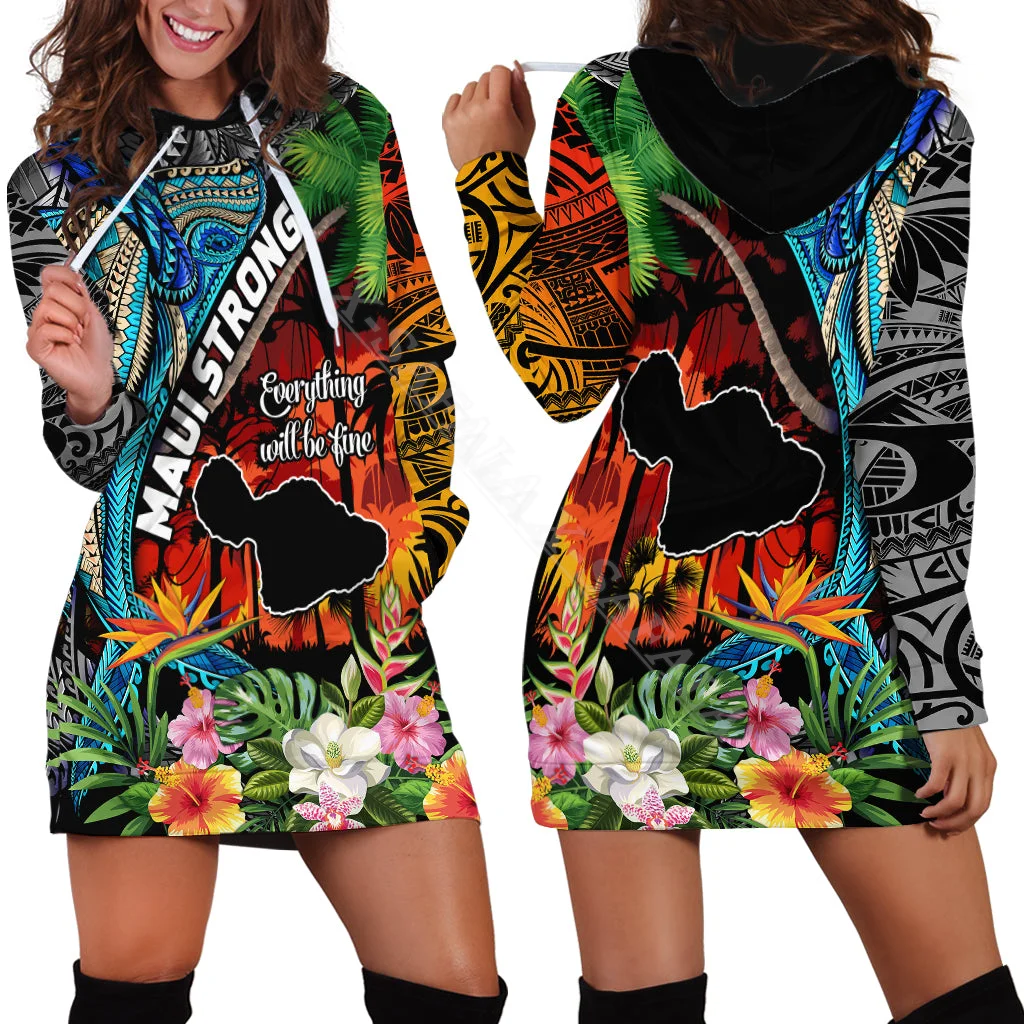 

Hawaii Strong Maui Wildfire Puletasi Pray Lahaina 3D Print Fashion Hoodie Dress Women Casual Wear Long Sleeve Hooded Pullover