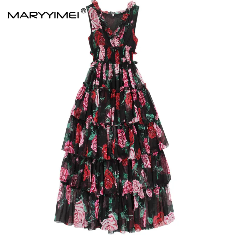 

MARYYIMEI Summer Women's dress Sleeveless V-neck Rose Floral-Print Cascading Ruffle Elastic waist Vacation Chiffon Dresses