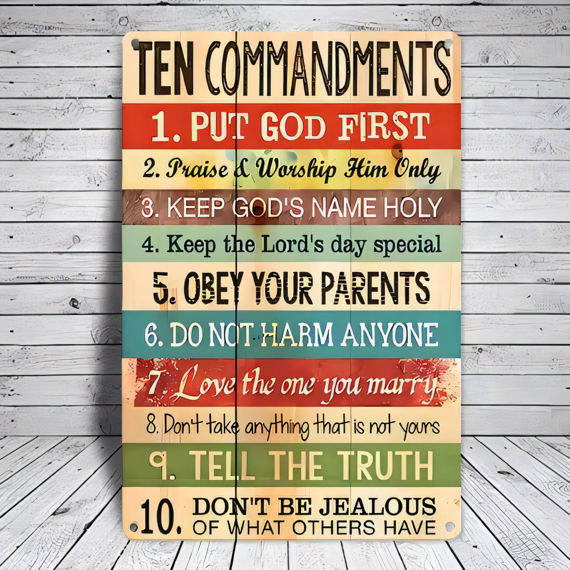 Tin Sign Ten Commandments Put God First Inspirational Bible Verse Wall Decor for Church Home Vintage Rustic Metal Plaque Art Pos