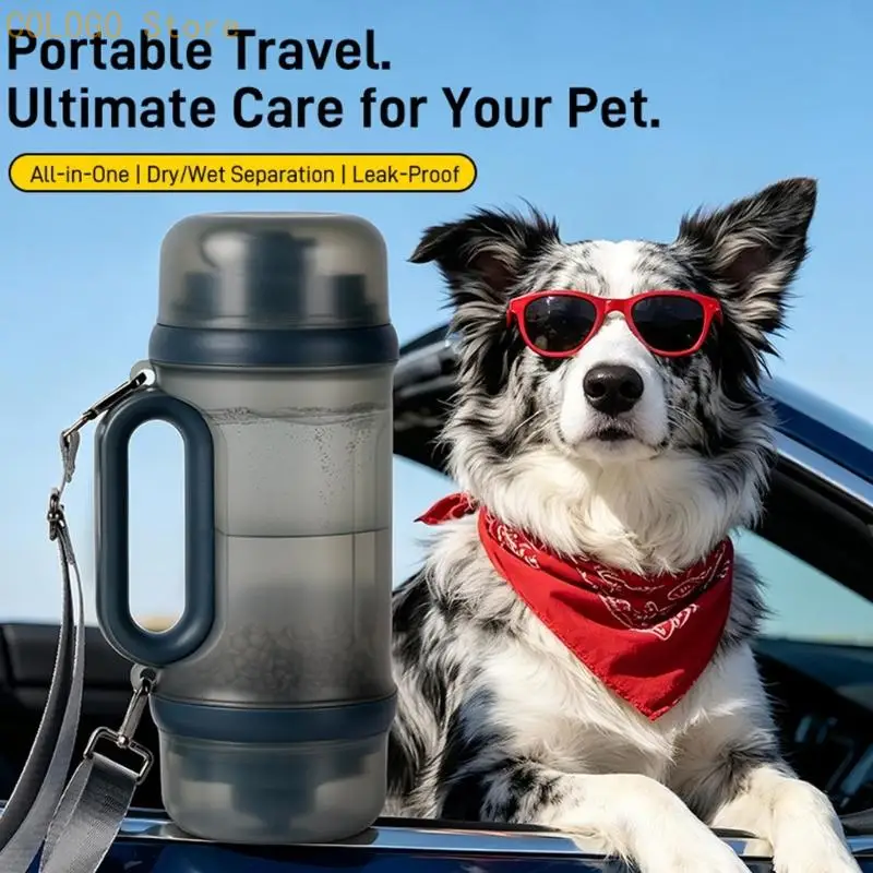 Two-Compartment Pet Meal and Drink Dispenser with Removable Serving Bowls and Integrated Grip for Dog Walks and Short Travel
