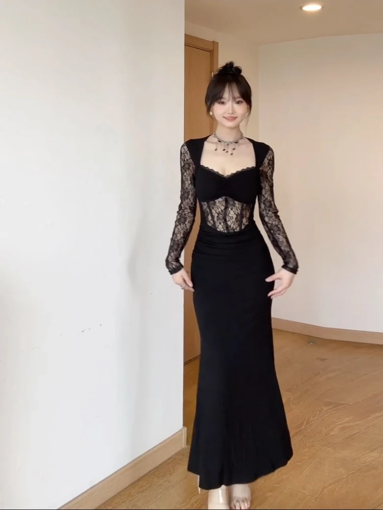 

Keni plus Size Lace Hollow out Long Sleeve Dress Women Sexy Bodycon Fish Tail Skirt High Waist A-Line Korean Style Autumn Dress