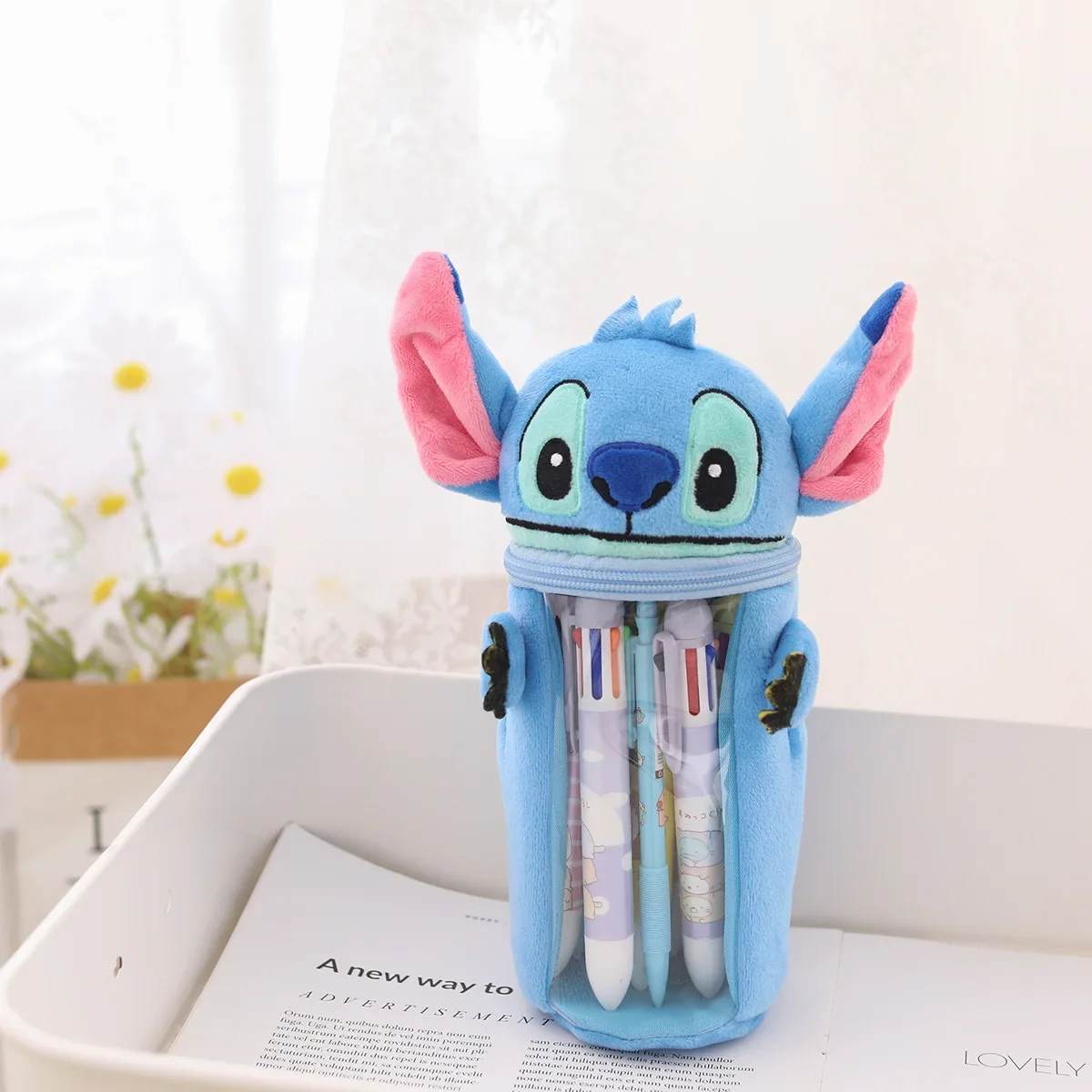 

Disney Mickey mouse Stitch Pencil Case Pen Holder cartoon Girl BoyTransparent Storage Bag