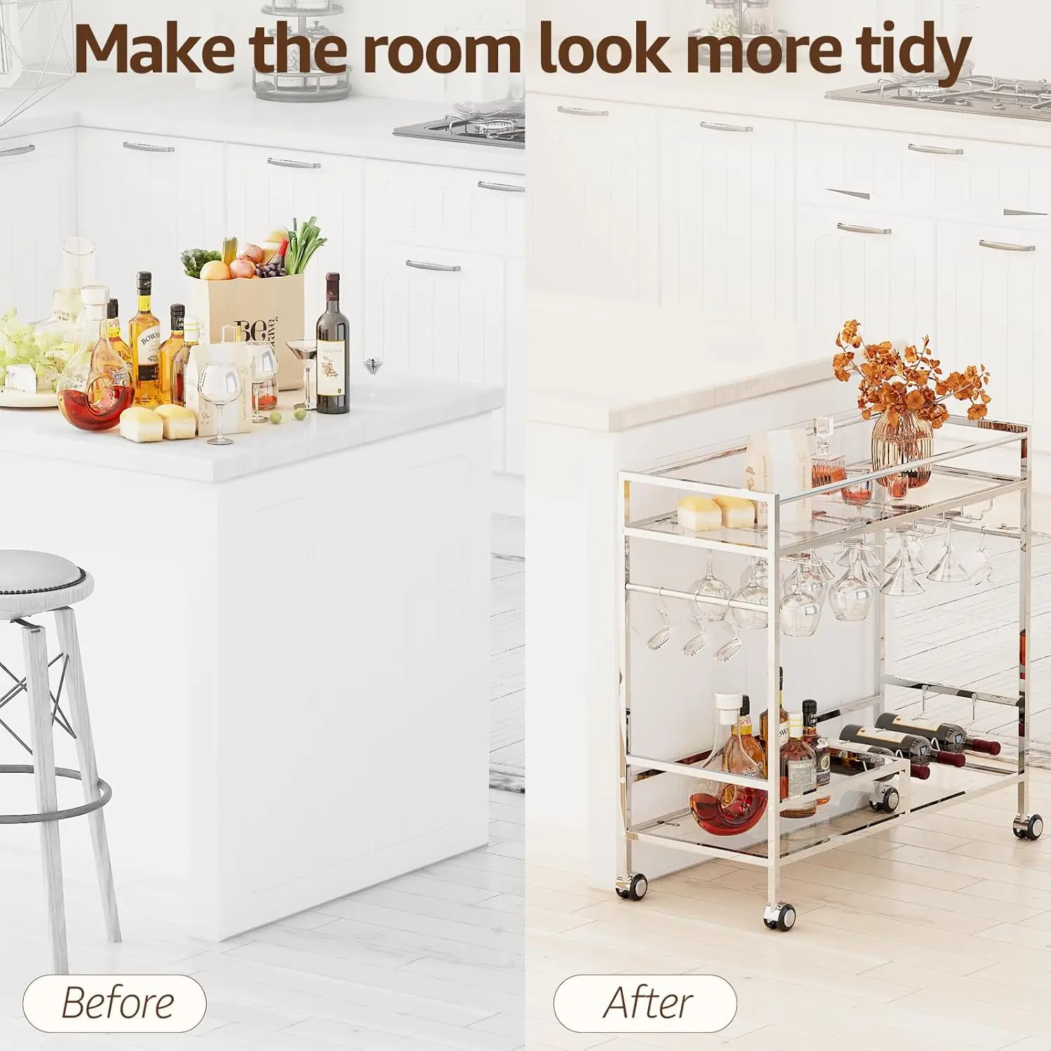 عربة بار، عربة تقديم بار منزلية على عجلات قابلة للقفل، عربة دوارة من طبقتين مع أرفف من الزجاج المقسى ورف النبيذ