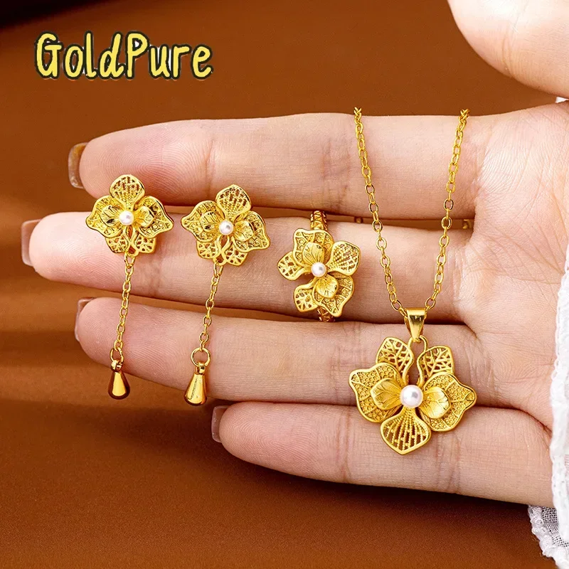 Goldpure Luxury 24K 9999 Pure Gold real gold Women's hollow flower necklace earrings ring