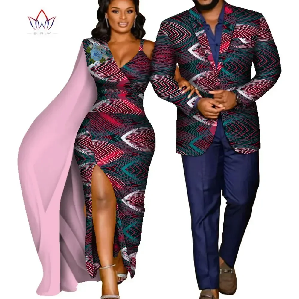 Bintarealwax African Print Clothes for Couple Dashiki Elegant Women Party Dresses Plus Size Men Jacket African Clothing WYQ635