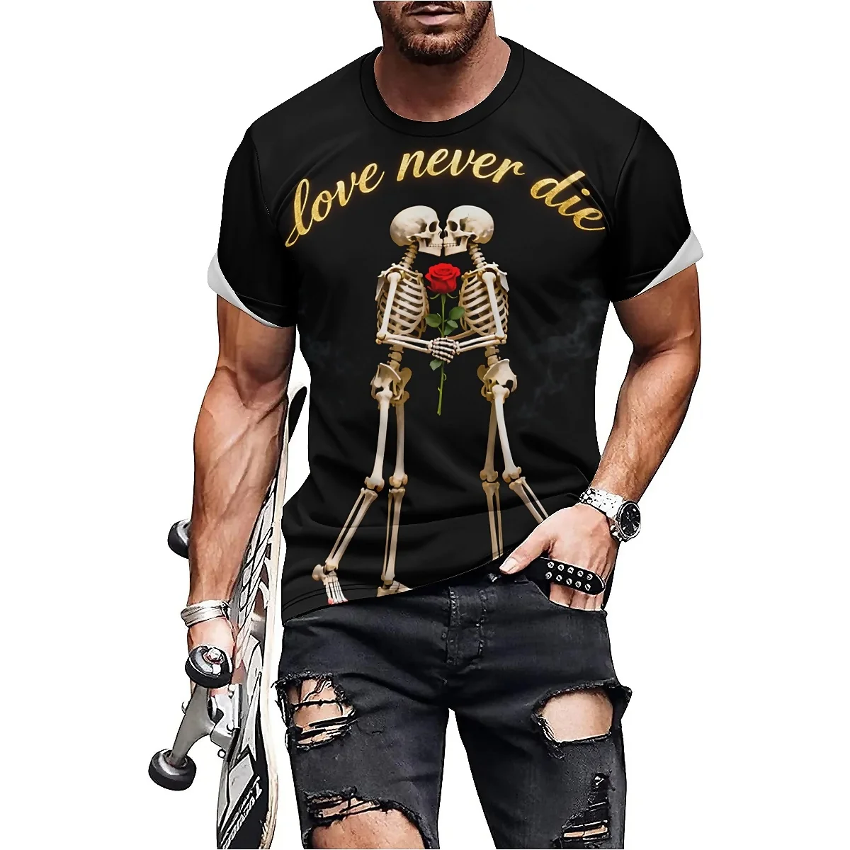 

2027 New Rock Style Men's 3D Printed Short Sleeve T-Shirt - Smooth Crew Neck