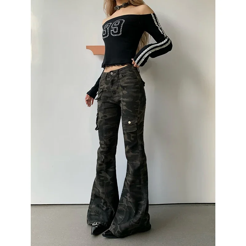 Camouflage Baggy Y2k Cargo Jeans Damen Hohe Taille Harajuku Ästhetische Denim Hose Vintage 2000er Jahre Trashy Hose Pantalones