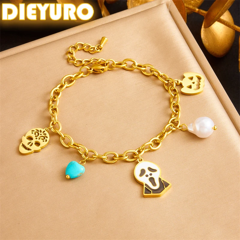 

DIEYURO 316L Stainless Steel Ghost Pumpkin Turquoise Pearl Bracelet For Womens Fashion Wrist Chain Halloween Jewelry Party Gift