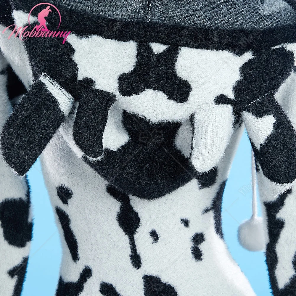 US Stock Mobbunny Women Sexy Lingerie Fluffy Homewear Bodycon Romper Black and White Cow Pattern Hooded Bodysuit view 4