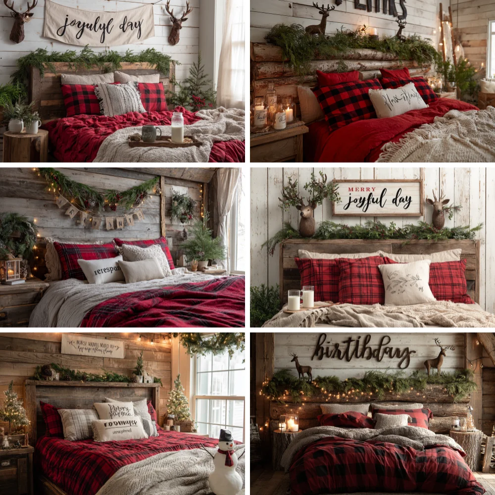 

Merry Christmas Photography Background Xmas Wreath Wood Bed Holiday Decoration Family Portrait Photo Background Studio Props