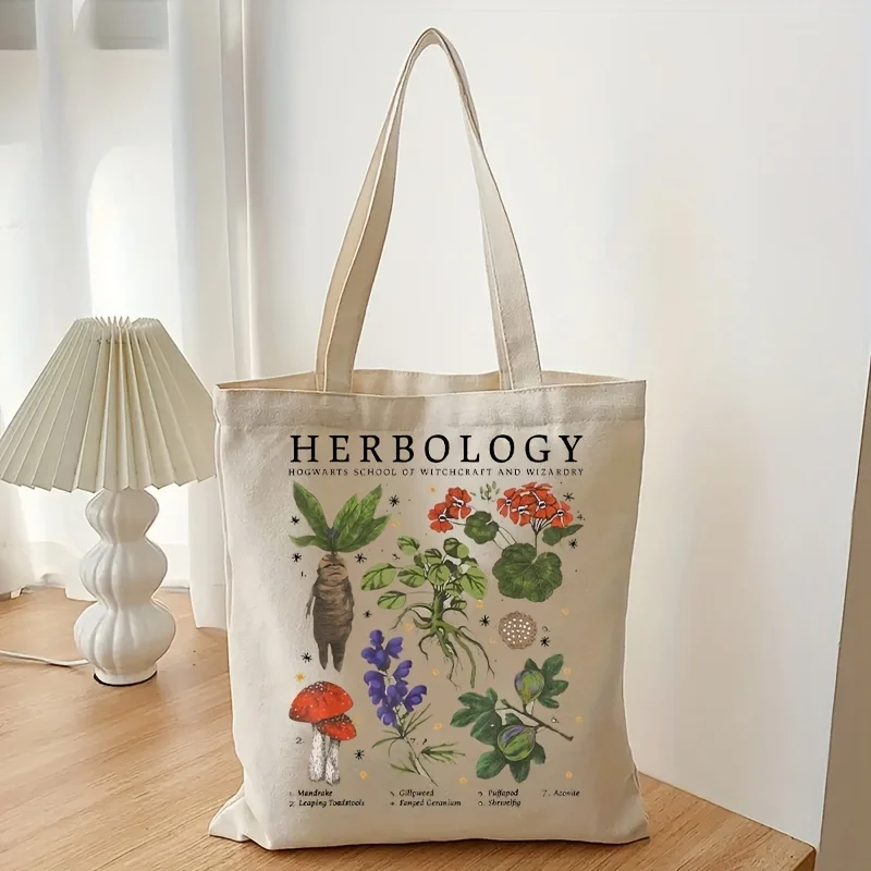 1Pc Herbology Plant Pattern Canvas Bag Shoulder Bag Botanical Travel Bag Plant Lover Bag Gardening Tote Bag Gift For Plant Lover