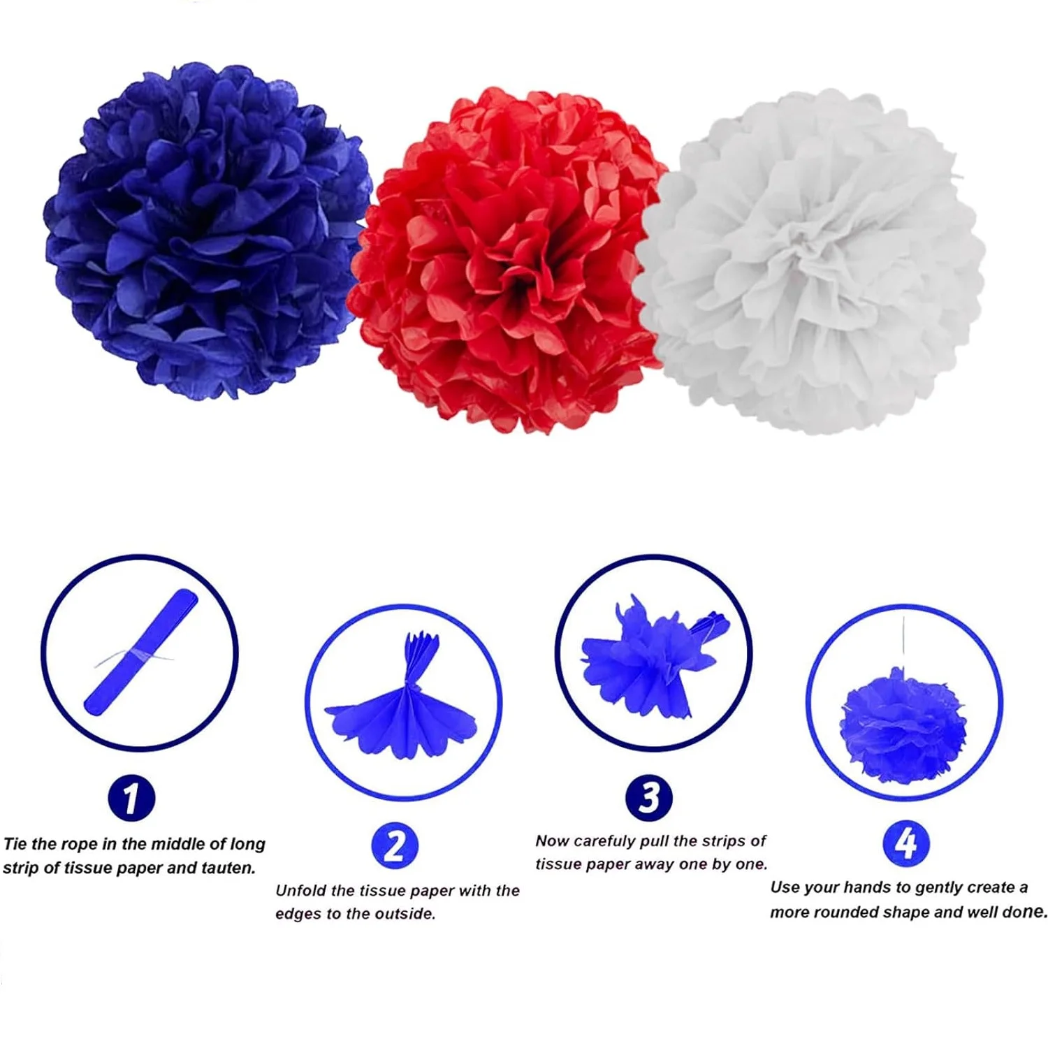 12pcs Red White and Blue Tissue Paper Pom Pom Decoration Set DIY Easy Assembly Hanging Paper Flower Pom Pom