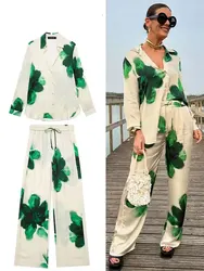 Woman Print Trouser Set Long Sleeves Lapel Shirt Top + Elastic Waist Lace Up Casual Women's Wide Leg Long Pant Streetwear