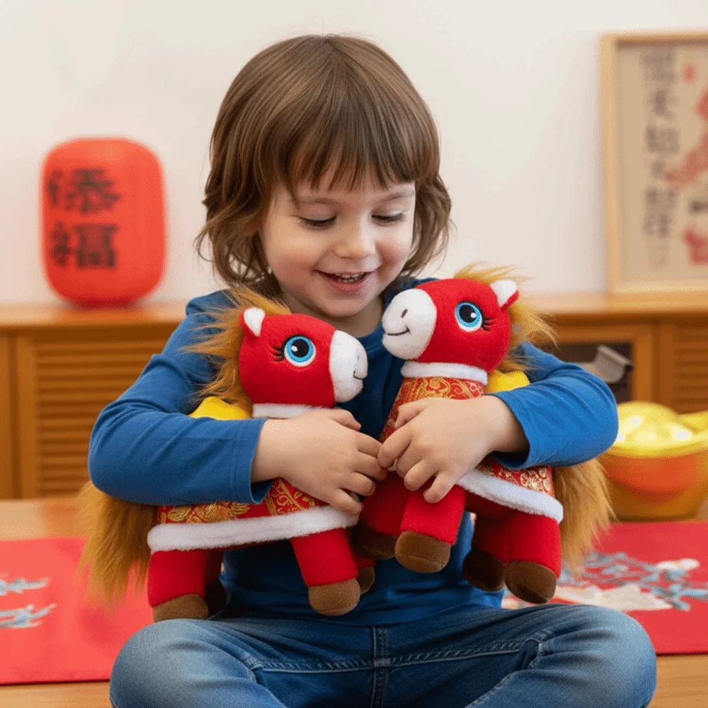 

2026 Horse Year Zodiac Horse Figurine Letter Print Realistic Horse Stuffed Animal Soft Stuffed Decorative Horse Doll