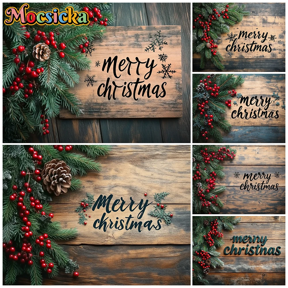 Mocsicka Merry Christmas Dark Wooden Photography Backdrop Pine Branch Red Berry Snowflake Background Newborn Holiday Photo Booth