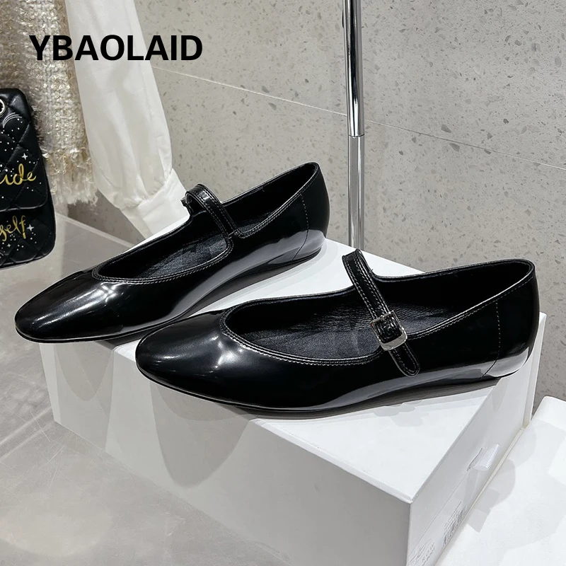 

Autumn New Round Toe Shallow One Word Belt Mary Jane Shoes Women Shiny Leather Solid Ballet Flat Shoe Concise Casual Dress Shoes