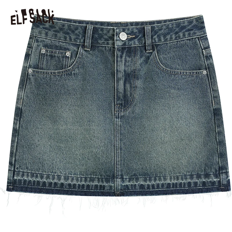 ELFSACK High Waist A-line Denim Skirts Women 2023 Spring Basic Bottom