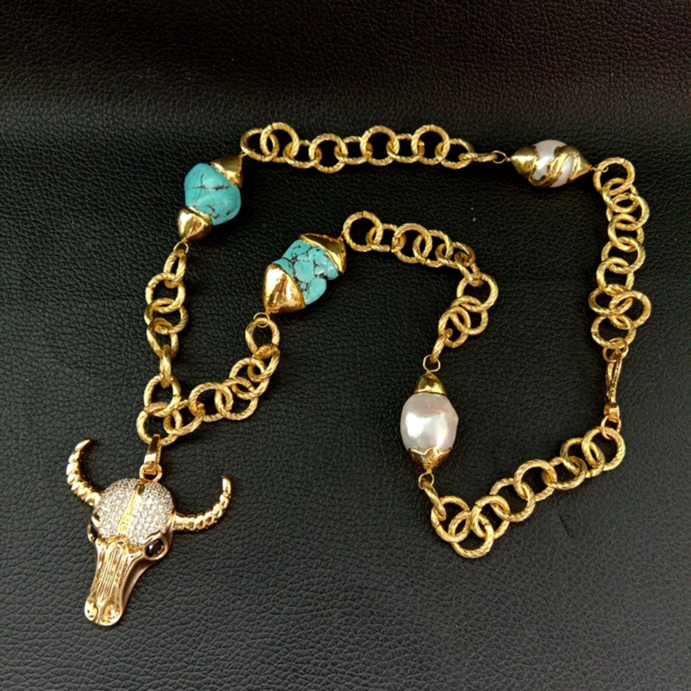 

Y·YING 24'' Blue Turquoise White keshi Pearl Yellow Gold Plated Chain Necklace CZ Cow Pendant