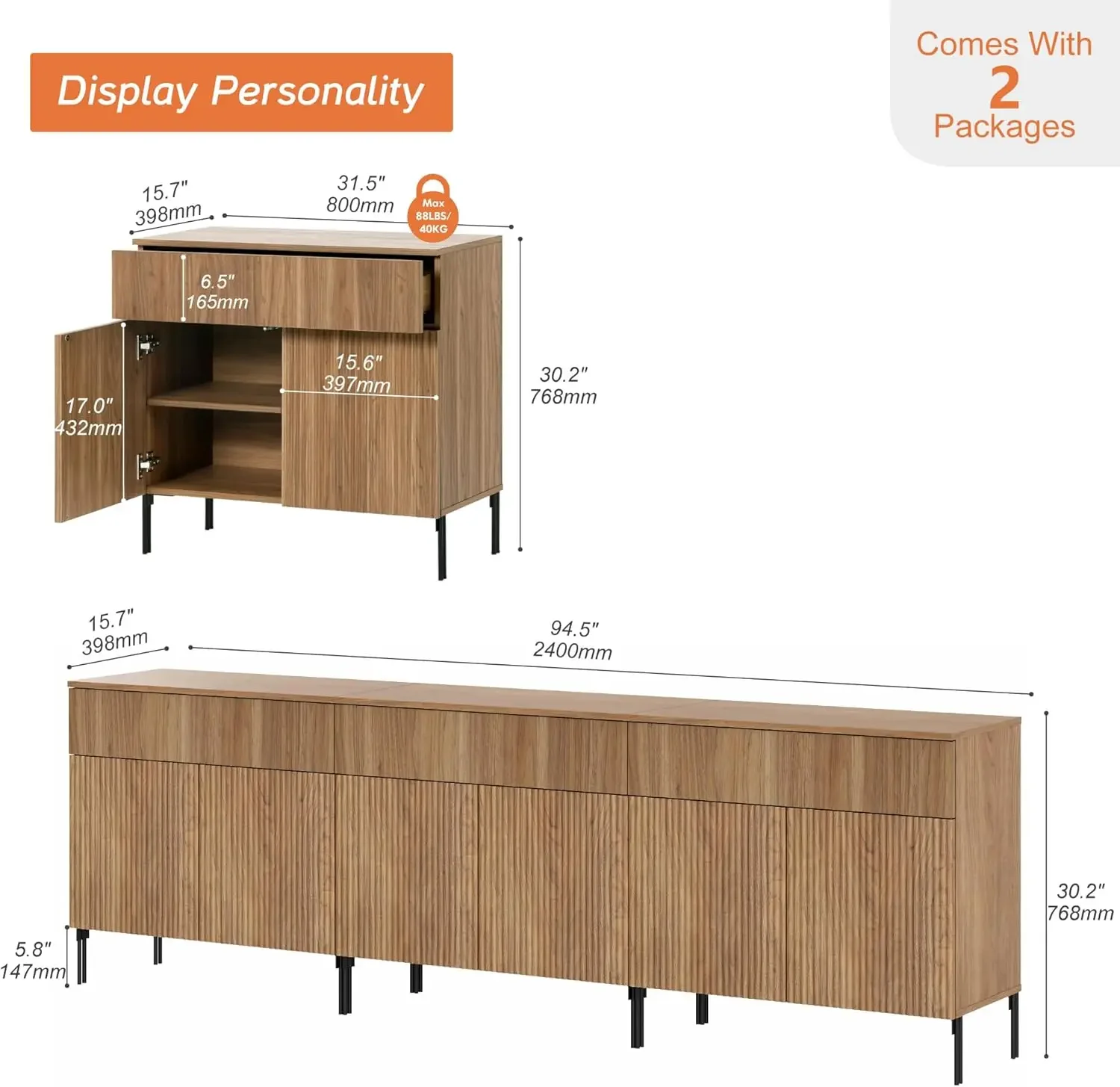 Wood Media Console Table For Living Room Light Walnut Fluted TV Stand Entertainment Center Storage Cabinets Drawers Doors TVs Up