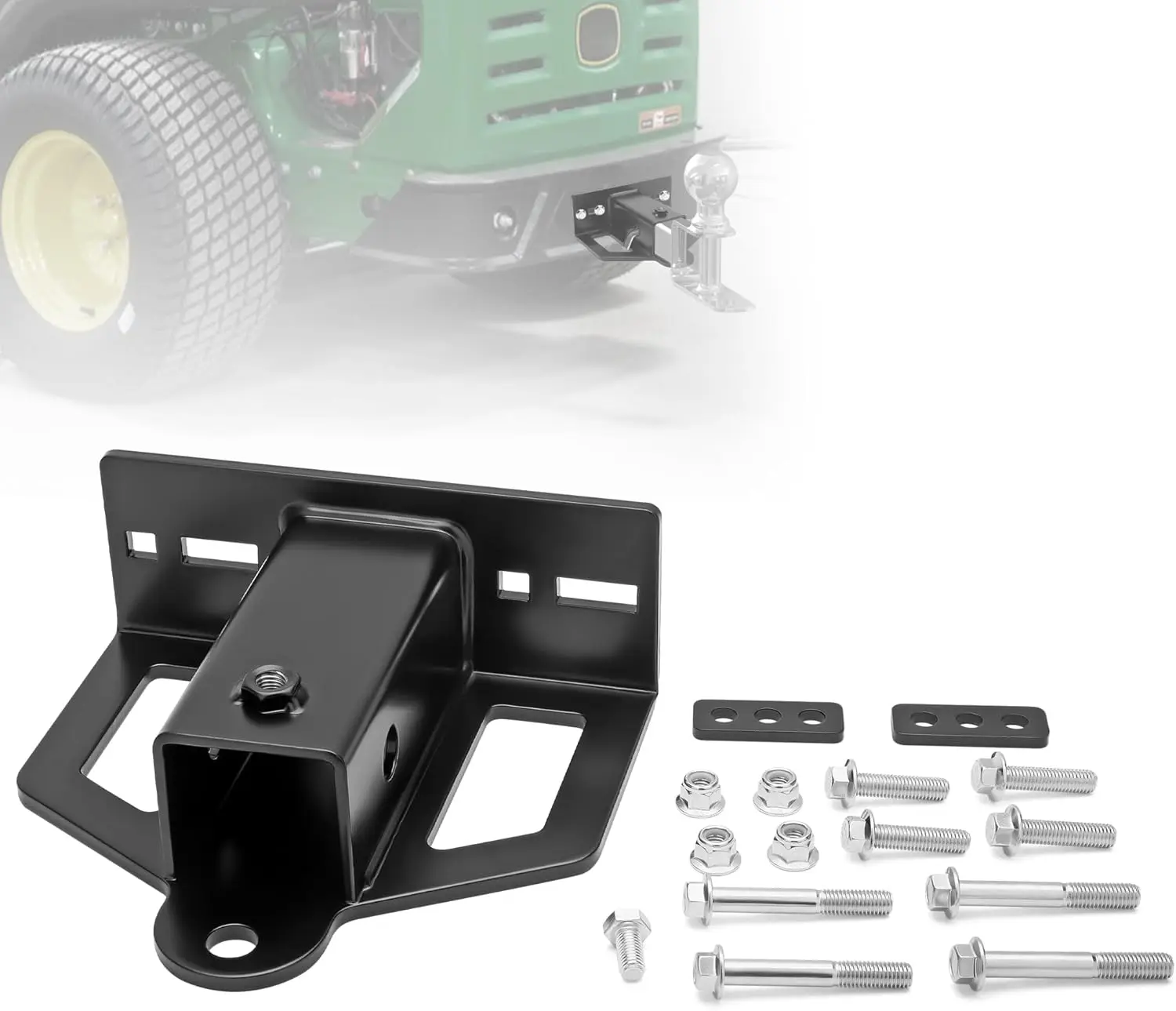 

Zero Turn Lawn Mower Hitch, 2' Receiver, 6mm Steel, Chain Slot, Reinforced Washer & Weld-On Bolt Lock, Universal Fit for Tractor