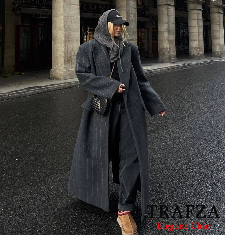 

TRAFZA Women Fashion Stripe Long Coat Lapel Double Breasted Tweed Long Coat New 2024 Fall Winter Commuter High Street Long Coat