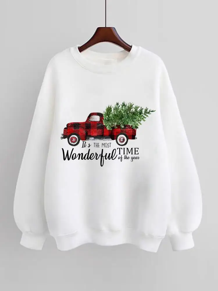 

Women Fleece Holiday Clothing Christmas New Year Fashion Tree Letter Truck Trend Pullovers Print Female Graphic Sweatshirts