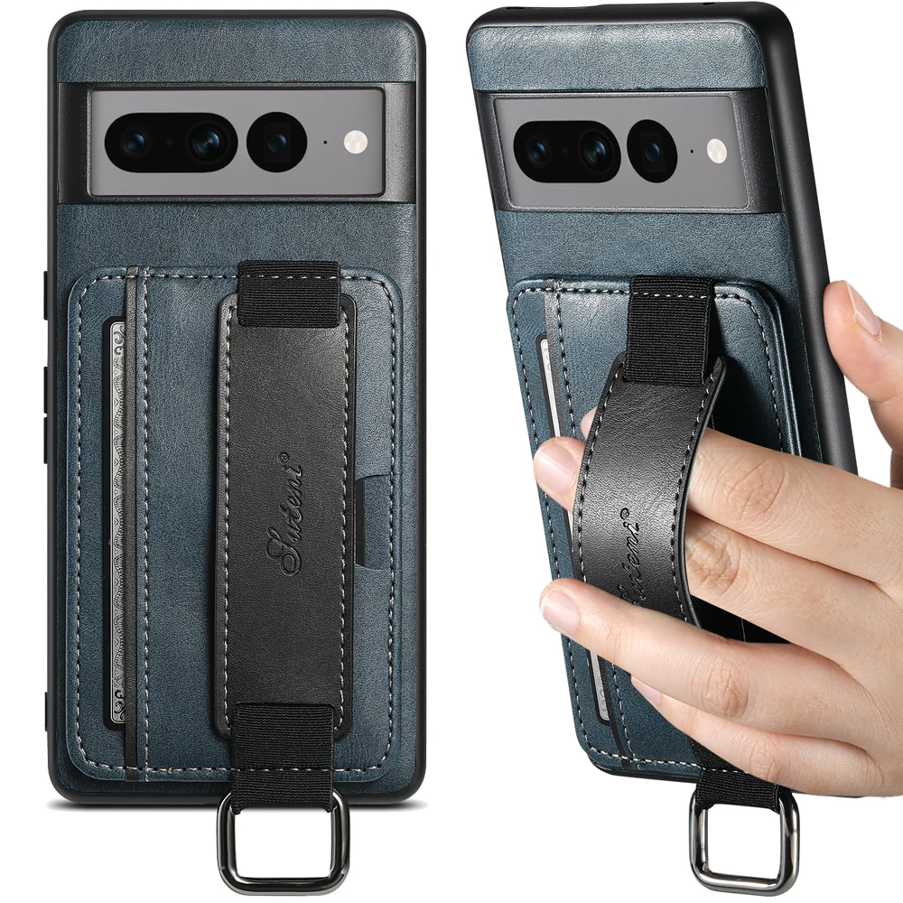 SUTENI Handyhülle aus glattem Material mit Handgelenkschlaufe, Ringschnalle, Kunstleder-Kartenhalter und Ständer für Google Pixel 10 Pro XL 9 8A 7 6