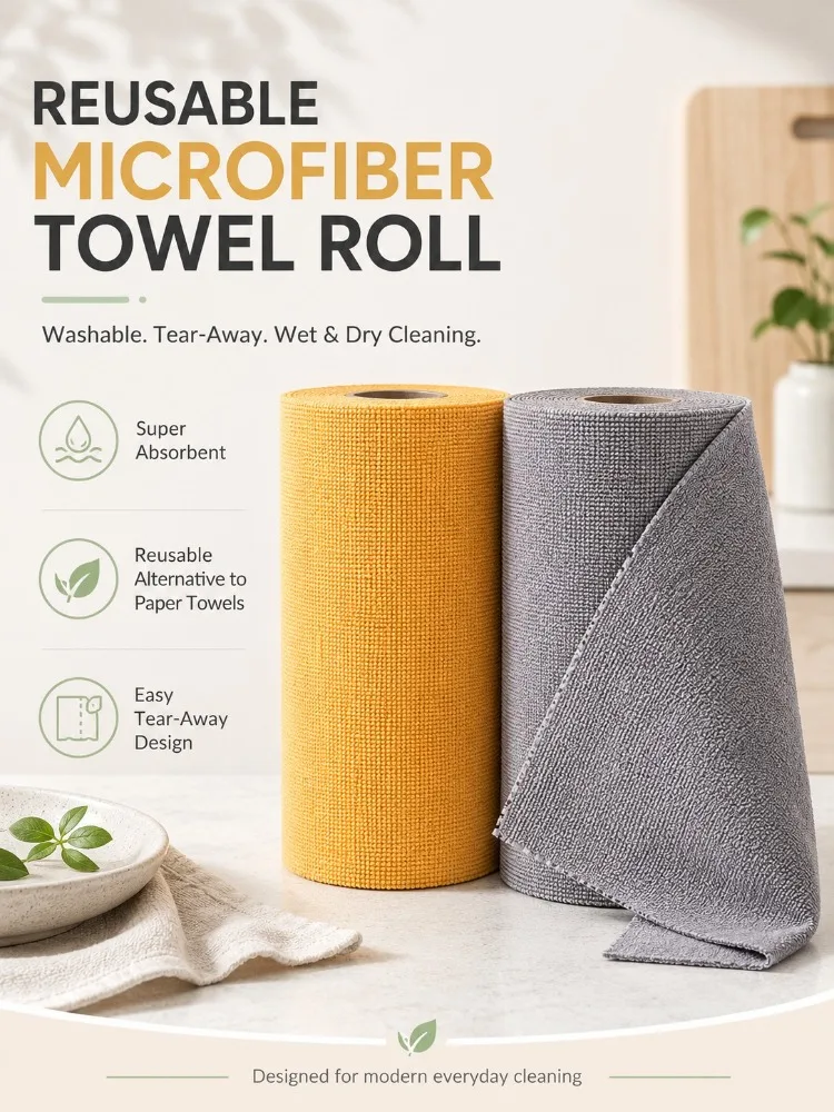 Serviettes en papier réutilisables, chiffons de nettoyage en microfibre, rouleau détachable lavable pour comptoirs de cuisine, dégraissage intensif, vaisselle