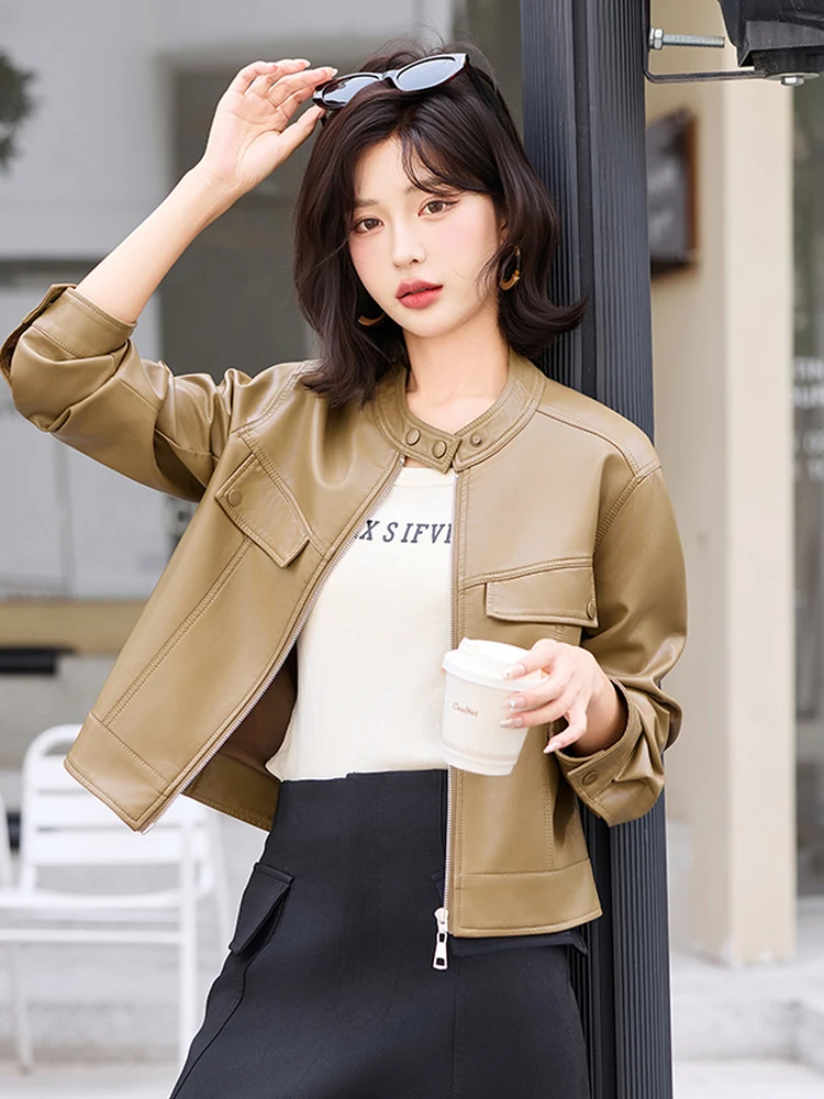 Giacca in Pelle da Donna alla Moda con Colletto Alto e Chiusura a Cerniera, Vestibilità Slim, Cappotto in Pelle di Pecora, Nuova Collezione Autunnale dalla Cina