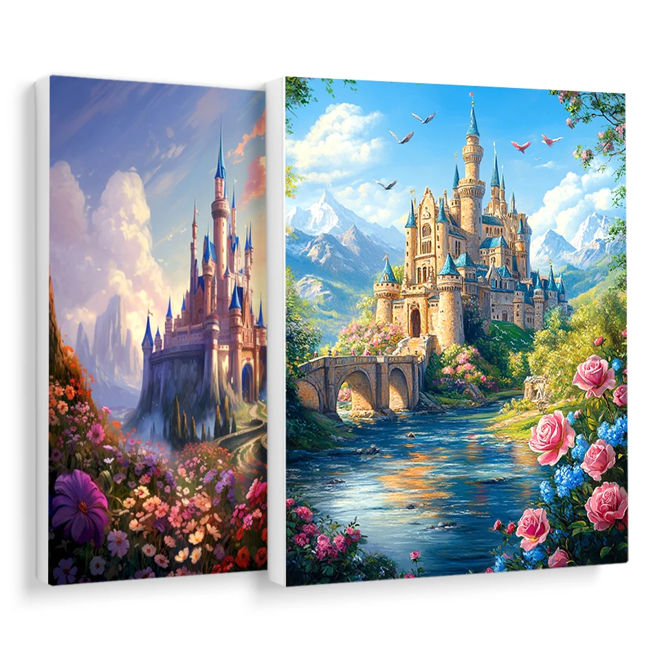

RUOPOTY Paintings To Paint With Numbers Handpainted Castle scenery Color Markers Adult Coloring On Canvas With Frame Paint Kit
