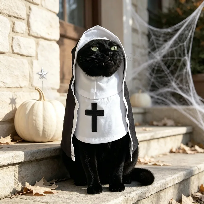 Lustiges Nonnenkostüm für Katzen und Hunde, Schwarz-Weißer Kreuzrock, Halloween-Party, Fotoshooting, Rollenspiel-Kostüm – Detail 4