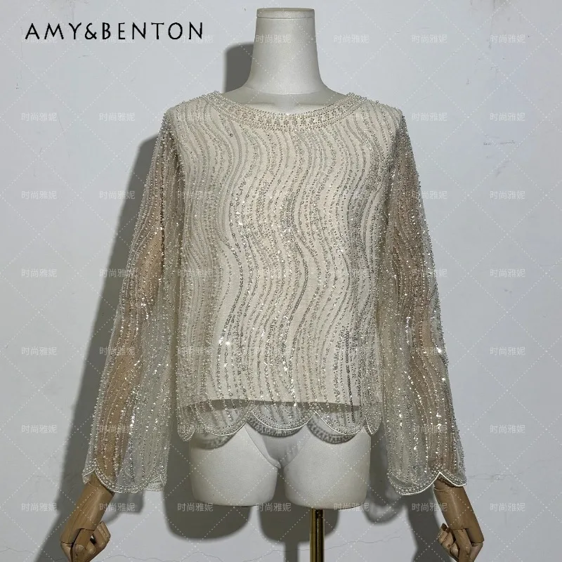 

Special Design Party Wear Romantic Lace Long Sleeves Sequin Top Shirt Women's Round Neck Beaded Detail Versatile Trendy Blouse