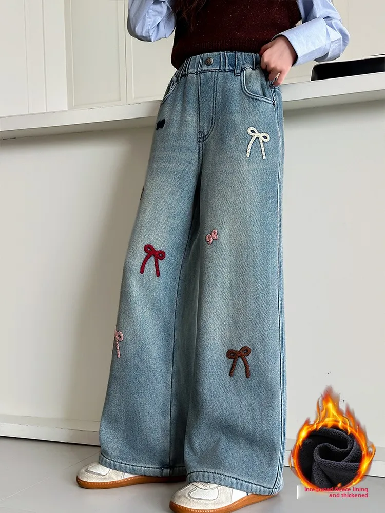 Pantalones vaqueros de mezclilla de pierna ancha con forro de Fce para niñas Otoño Invierno Sle pantalones casuales de algodón de cintura alta para niñas adolescentes