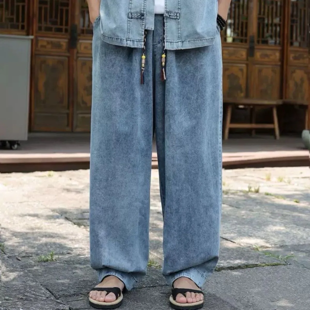 

Мужские летние модные свободные джинсы, мягкие, дышащие, повседневные, универсальные, удобные, длинные брюки, молодежные, однотонные, в этническом стиле