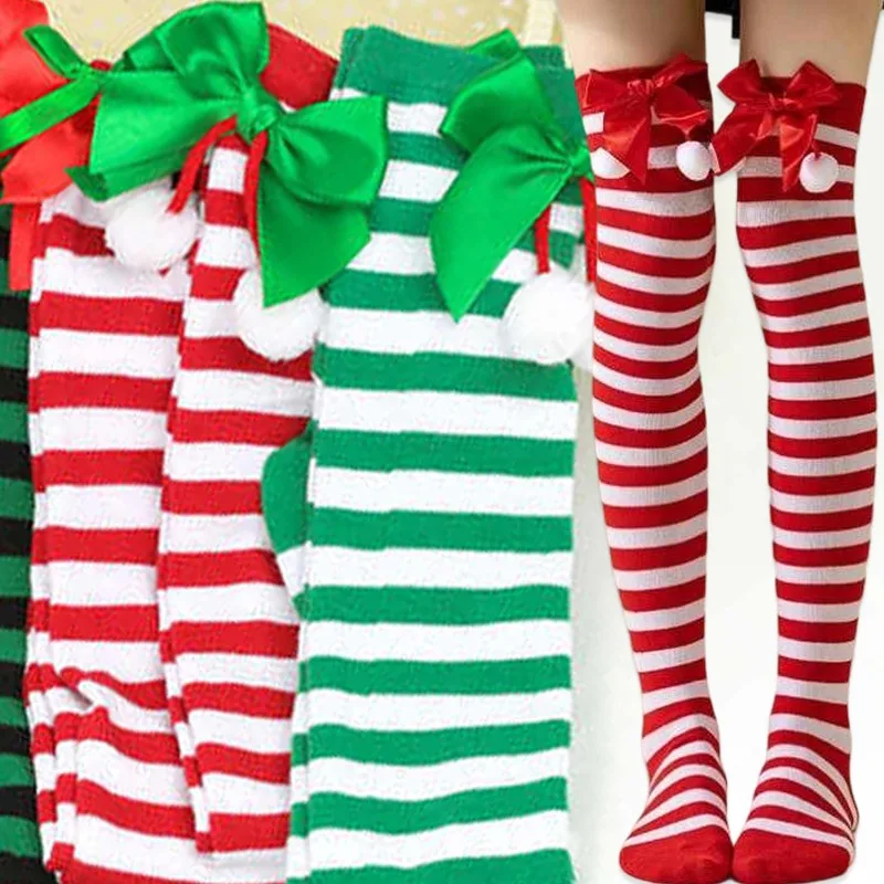 Natal meias quentes noite festa bola dos desenhos animados listrado meia cor sólida joelho sobre cosplay meia de férias