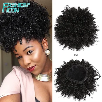 Synthetic Short Puff Afro Kinky Curly Black Chignon Hair Bun Drawstring Ponytail Wrap Hairpiece Fake Hair Updo Clip Extensions