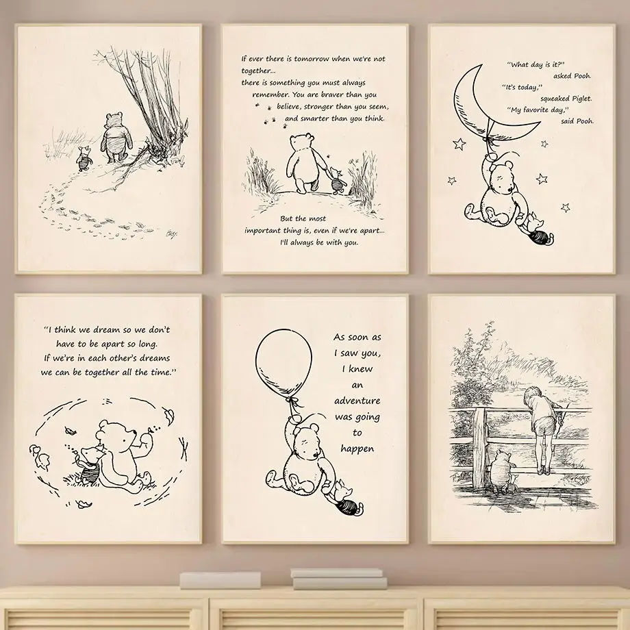 Set Of Six Nursery Kids Story Bear Piggy Vintage Nordic Poster Wall Art Print Canvas Painting Boy Girl Pictures Baby Room Decor