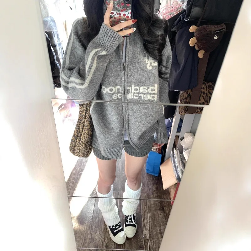 

oversize！ Baseball style lapel zipper sweater cardigan women's coat autumn new Korean version loose knit sweater