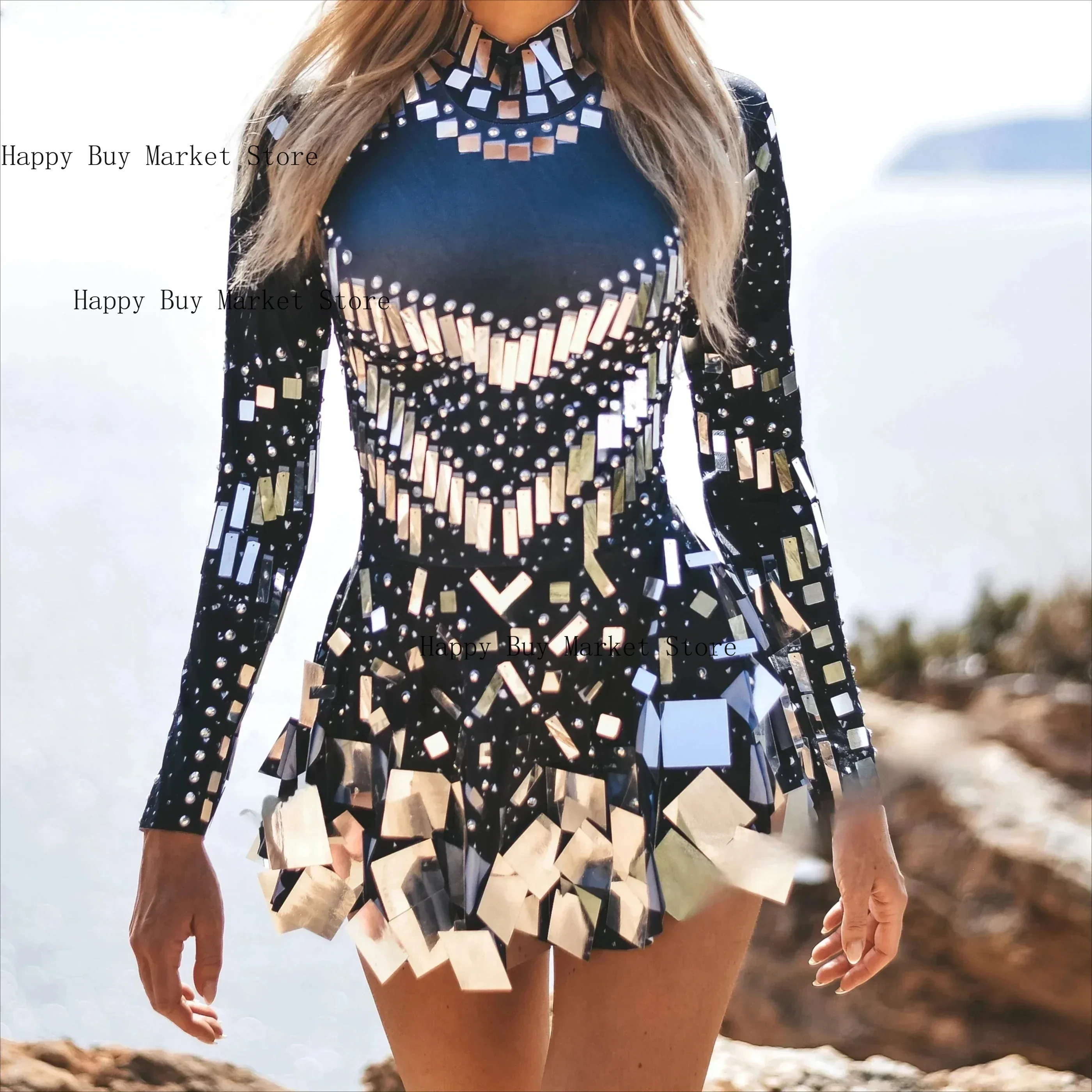 Raquel – robe de soirée miroir noire, extensible, pour danse sur scène, boîte de nuit, robe de célébration pour femmes, vêtements de spectacle de danseuse