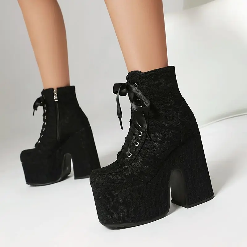 

ORCHALISA Luxury Women Ankle Boots Lace Up Mixed Color Big Size 42 43 Booties Hot Round Toe Block Heel 14cm Platform Hill 7cm