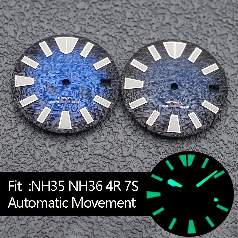 

Green Luminous Dial Mod Blue Watch Dial NH35 Dial Fits 4R 7S NH34 NH35 NH36 Automatic Movement Crown at 3.0 / 4.1 /3.8 o'clock