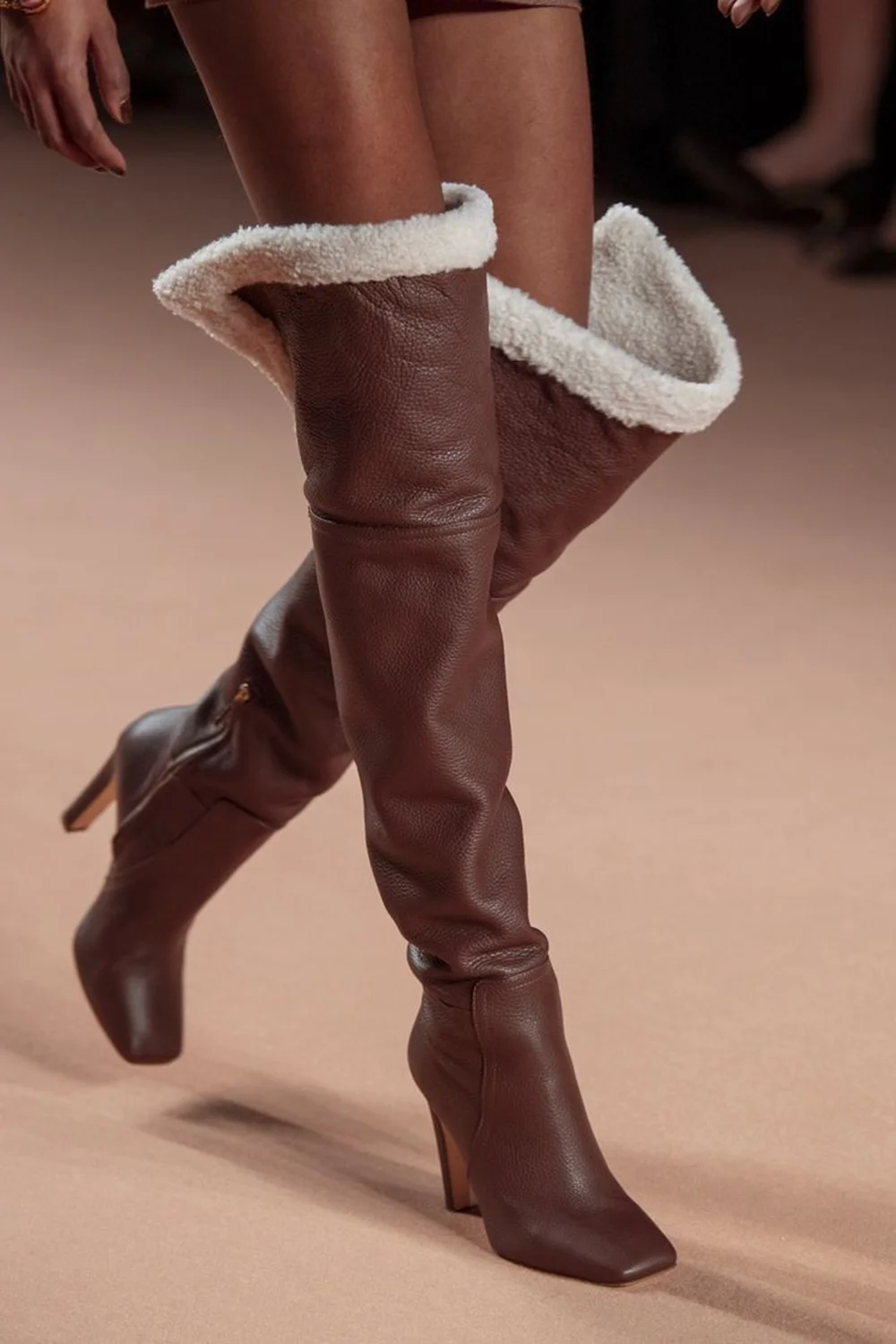 

Winter Warm Rich Brown Faux Leather Over-Knee-High Boots Block Heel Shearling-Lined Cuff Square-Toe Side Zip Design Luxe Boots