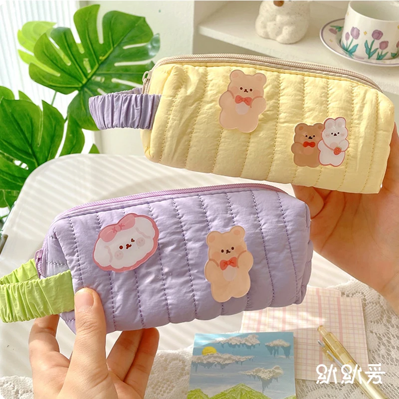 

Yellow Pencil Case Pen Pouch Student Large Capacity Portable Cosmetic Make Up Organizer with Badge School Stationery Supplies