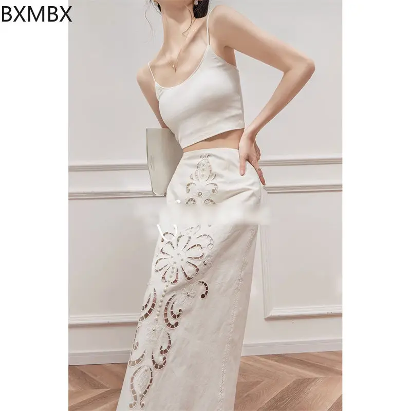 New Chinese skirt  embroidery hollow design sense niche high waist elegant niche Chinese style long skirt