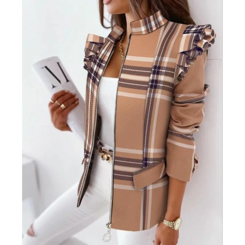 

Fashion Women's Plaid Print Blazer Top Elegant Commuter Stand Neck Ruffle Long Sleeved Zipper Casual Coat Office Lady Suit Coat