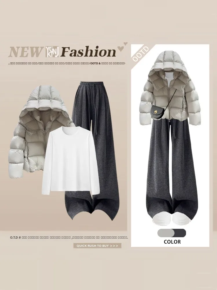 

Winter Women's Large Size Faion Set Simple Sle Hat Casual Pants Diamond id Bread Coat Outerwear Tee-piece Suit
